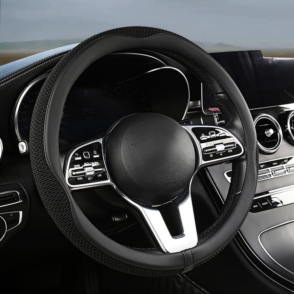 38cm Car Steering Wheel Cover, Universal 15 inch, Microfiber Breathable Ice Silk,Warm in Winter and Cool in Summer, Anti-Slip, Odorless, Easy to Install (BLACK)