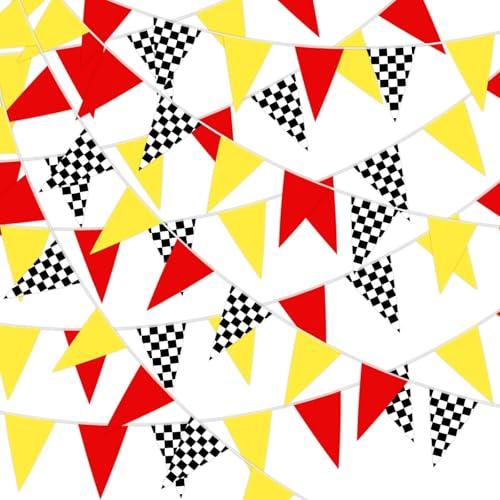 MARFOREVER 132 Ft Red Yellow Black White Checkered Flag Banner, 80 Pcs Racing Triangle Flags Race Car Pennant Banner Flag for NASCAR Monster Truck Birthday Baby Shower Party Decorations, 11.8x7.9 inch