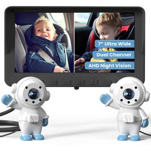 GROWNSY Baby Car Camera for 2 Kids, 7 in Ultrawide AHD Car Baby Monitor with 2 Camera, Backseat Mirror for Baby Rear Facing with Infrared Night Vision, Easily Observe Baby's Every Move (White)