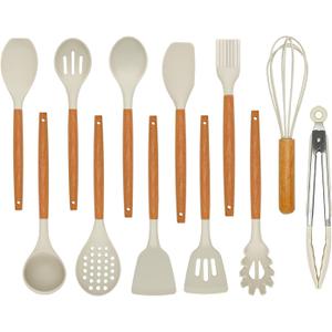 Kitchen Utensils Set - 12 Pcs Silicone Cooking Utensils Set with Wooden Handle - Heat Resistant Non-Stick BPA Free Spatula Set,Turner, Spoon, Brush, Silicone Kitchen Gadgets Utensil Set (Khaki)