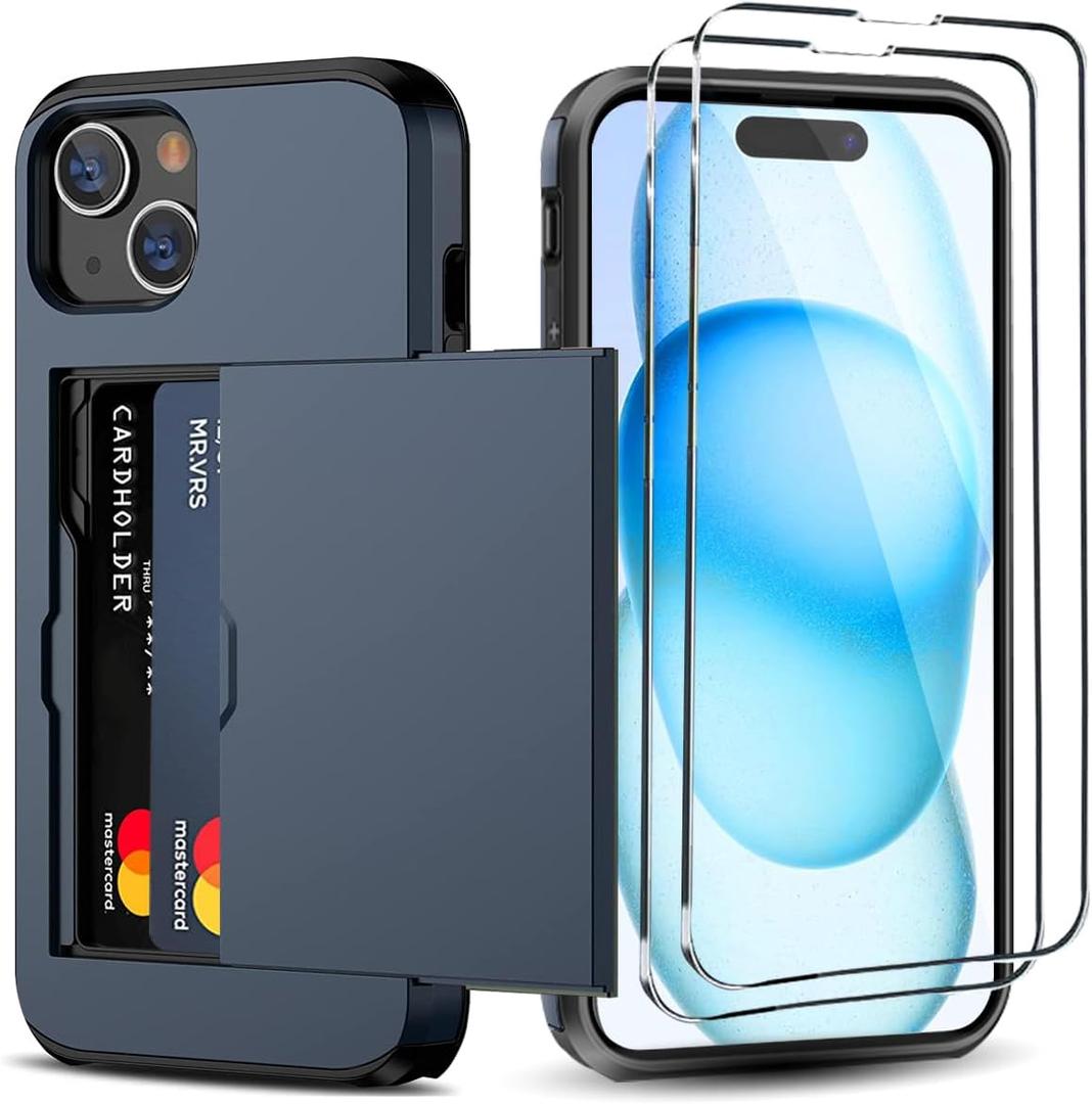 for iPhone 15 Plus Wallet Case with Card Holder + 2 Tempered Glass Screen Protector, Heavy Duty Protective Dual Layer Shockproof Hidden Card Slot Slim Case Women Men 6.7 inch (Blue)