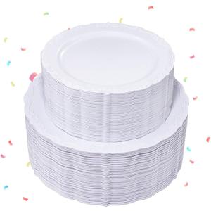 U-QE 100 Pieces White Disposable Plates - Premium Hard Plastic Plates for Wedding and Party Use Including 50 Dinner 10.25 '' & 50 Dessert 7.5 '' Plates