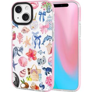 ChiCsFleur for iPhone 13 / iPhone 14 Case, TPU Phone case with Camera Protection for Women Girls Teens - Coastal Holiday Collage Tropical Y2K Bow Gift Disco Hibiscus Shell Lemon Aesthetic Unique (MarineLace)