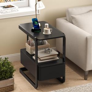 23.6" Tall Narrow Side Table with Drawer and Open Shelf Modern End Table for Sofa, Couch & Small Spaces, Steel Frame, Lacquered Top, Nightstand for Bedroom, Living Room, Dorm, Black
