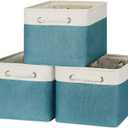 Bidtakay Basket Storage Bins with Handles Fabric Large Storage Baskets for Organizing Set of 3 Collapsible Rectangular Basket for Shelves Closet Organizer 15 X 11 X 9.5 Inches(White&Teal Blue)