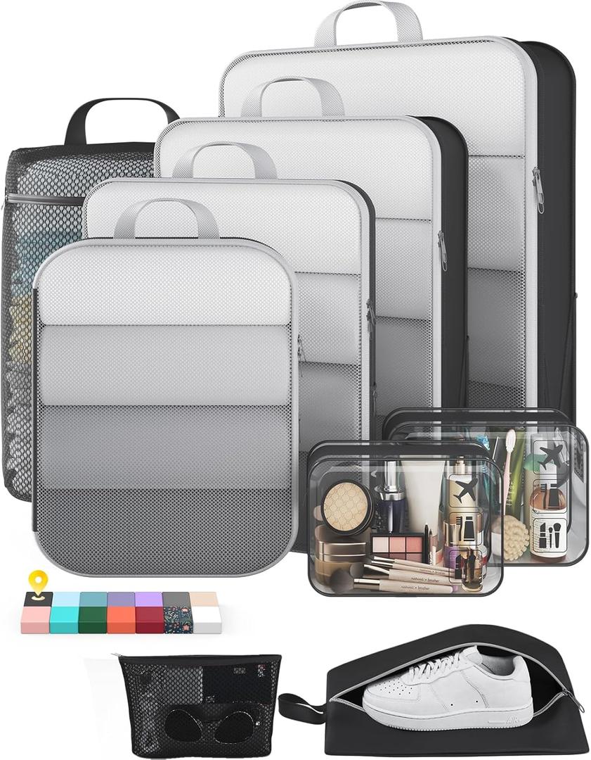 Veken 9/11 Set Compression Packing Cubes for Travel Essentials,Compressible Expandable Large Luggage Suitcase Organizer Bags for Clothing,Durable Space Saver Storage Bags with Toiletry Bags(Black)