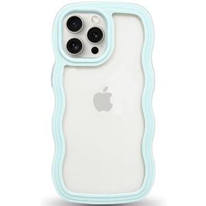 Anuck for iPhone 15 Pro Max Case Wavy Edge Clear Back Design, Anti-Slip Grip Cute Wave Curly Frame Shape Shockproof Soft TPU & Hard Bumper Protective Phone Case Cover for Women Girls, Light Blue , Pack of 4
