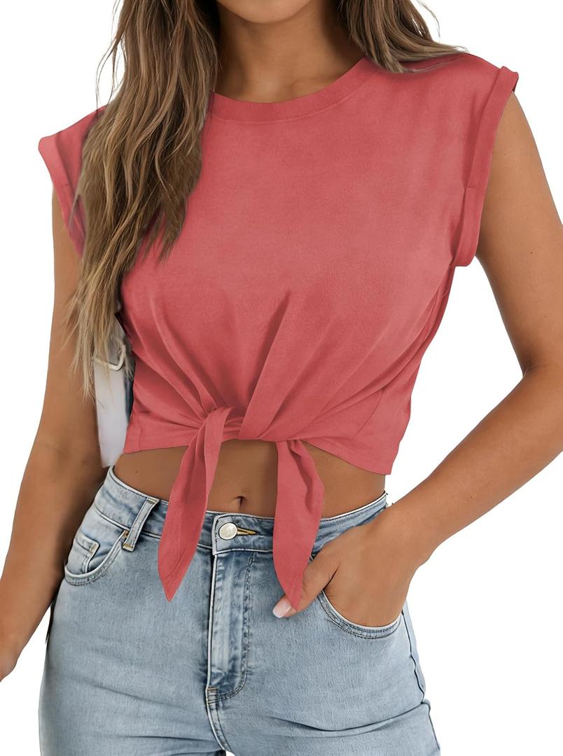 SOFIA'S CHOICE Women Summer Tie Front Crop Tops Crewneck Cap Sleeve Ruched T-Shirt Tops Red X-Large (XL)