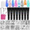 Biutee Nail Stamping Plates Set - 12pcs Templates, 8 Colors, Stamper, Scraper, Storage Bag - Animal & Flower Design Nail Art Plates (8pcs polish gel with plates)