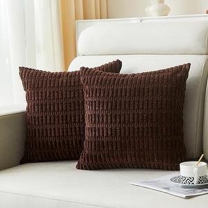 2 Packs Dark Brown Decorative Throw Pillow Covers 18x18 Inch Soft Corduroy Striped Boho Pillow Cases Square Cushion Covers for Couch Sofa Bed Farmhouse Home Décor