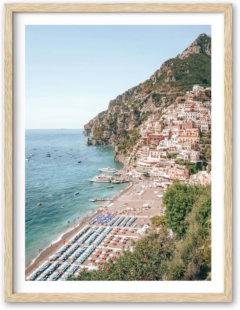 HesenDot Natural OAK Wood Framed Italian Positano Beach Wall Art,12x16in Amalfi Coast Canvas Wall Print, Summer Coastal Landscape Poster Wall Decor for Living Room, Bedroom, Office Gallery Set of 1