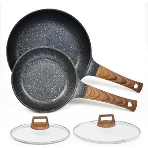 Nonstick Frying Pans Set with Lid, 10 In 11.5 In Aluminum Granite Coating Chef's Pan, Non Stick Flat Skillet Set with Glass Cover, Cookware Set Suitable for Gas Stove, Induction Glass Top