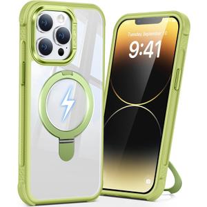 Magnetic Ring Stand Case for iPhone 14 pro max, 16FT Military-Grade Protection Shockproof, Non-Slip, Anti Scratch, Textured Grip & Clear Back for Hands-Free Video Calls (Clear Green)