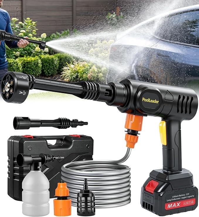 PoolLeader Cordless Car Cleaning Tool, Portable Vehicle Cleaner with 6-in-1 Nozzle, 16.5FT Drain Hose & Foam Cannon, Battery Powered Handheld Wash Machine for Car, Garden, Patio, Home