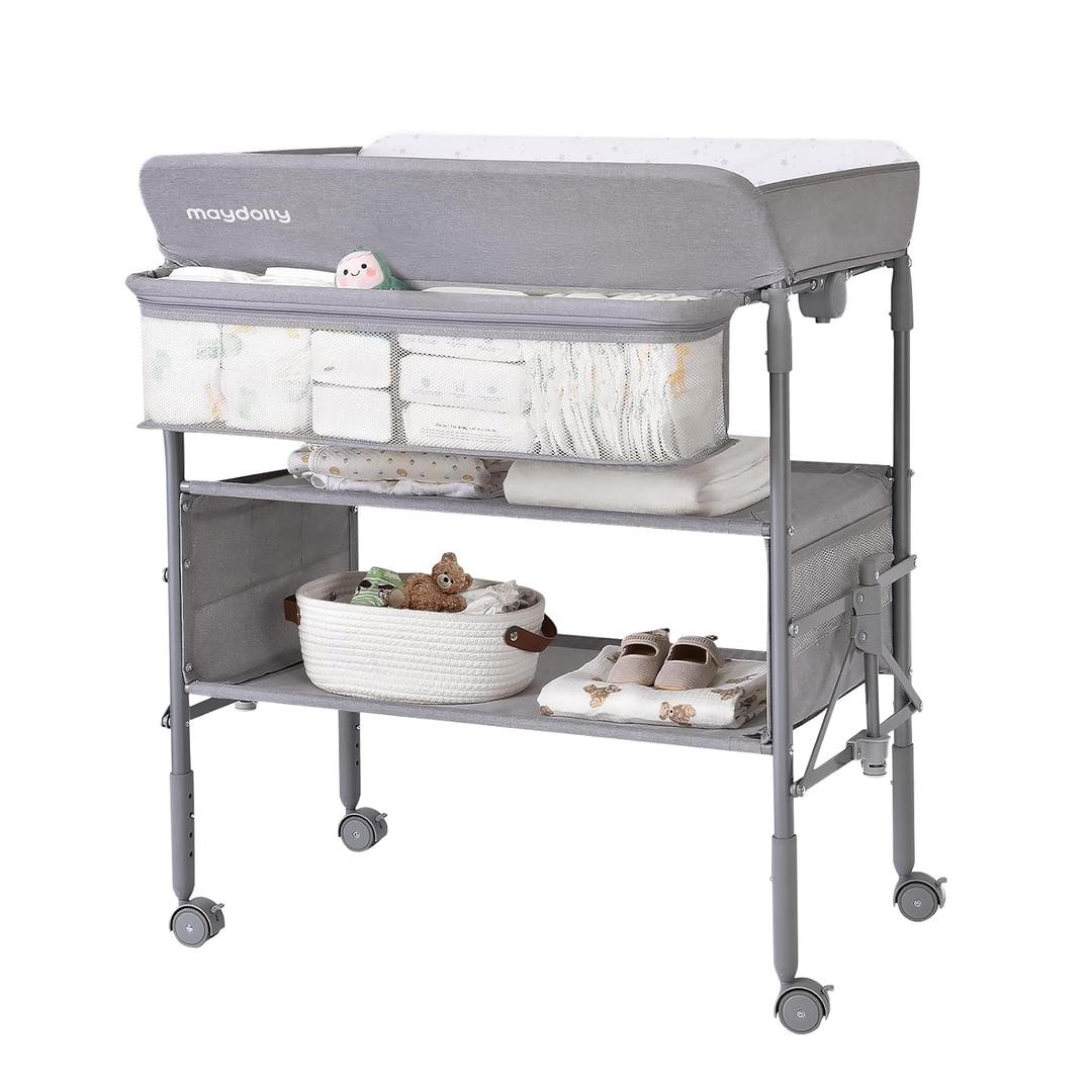 Baby Changing Table with Wheels, Maydolly Portable Foldable Changing Table, Waterproof Diaper Changing Station, Adjustable Height Changing Station, Mobile Nursery for Newborn and Infant (Grey) (grey without drawer)