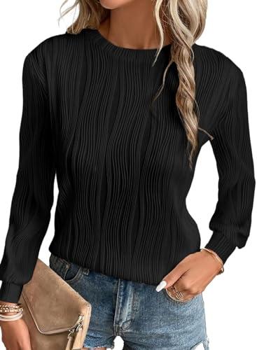 EVALESS Womens 2025 Round Neck Long Sleeve T Shirts Fashion Trendy Spring Summer Fall Loose Fit Plain Dressy Textured Tops Casual Tee Blouses Clothes,Black Medium