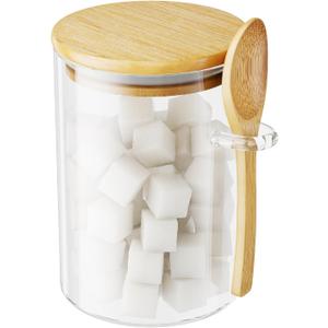 Sugar Jar Glass Salt Container,15 Ounces Clear Airtight Caning with Bamboo Lid and Spoon Scoop, Storage Overnight Oats, Salts, Coffee Bean, Spice, Creamer, Food Organizer, Pack of 1