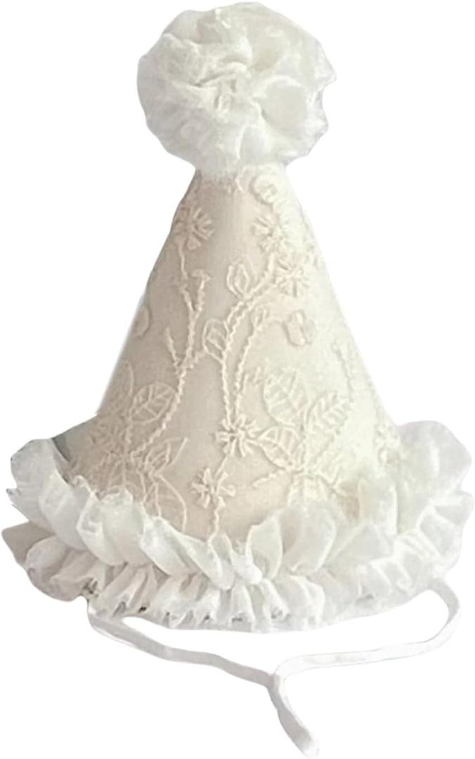 Birthday Celebration Hat Kids Princess Baby Caps Photography Props Conical Caps for Infant Girl Trimmed Tulle Hat (3, White)