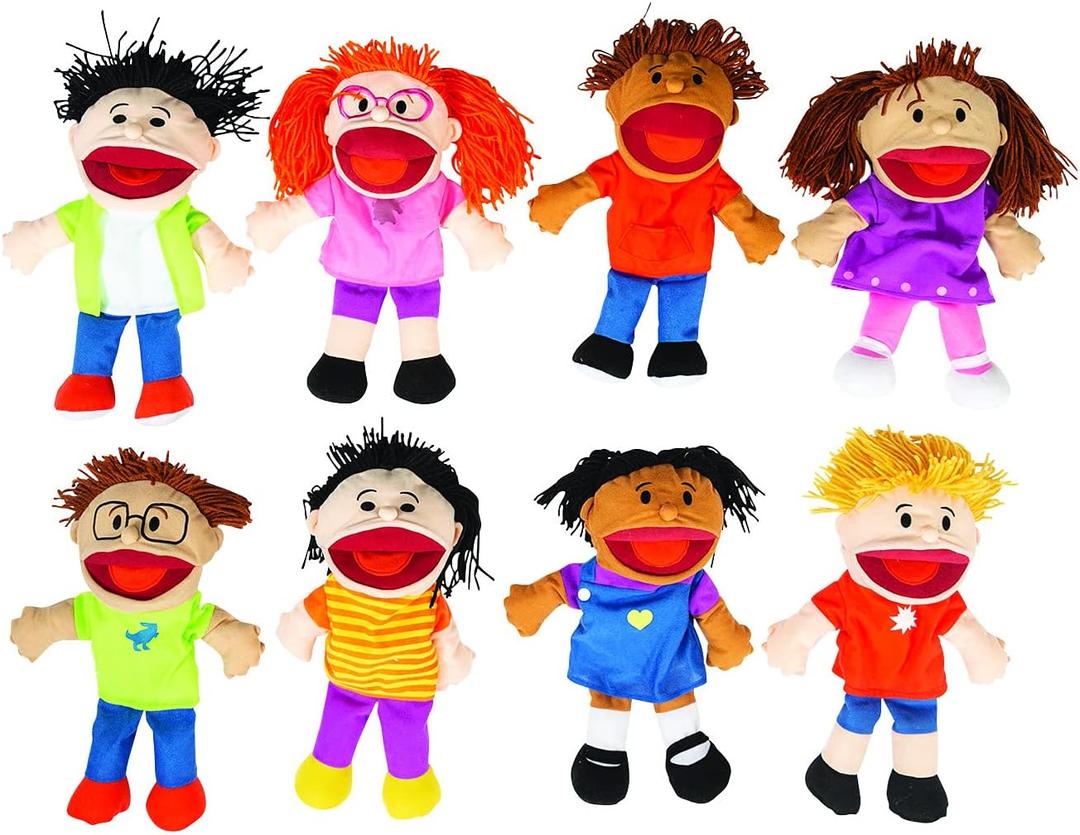 Fun Express Hand Puppets for Kids - 8 Multicultural Plush Puppets with Movable Mouths for Speech Therapy, Social Emotional Learning & Dramatic Play | 14 Inch Educational Toys for Classroom & Home Use