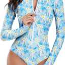 Century Star Long Sleeve Swimsuits Women Teen Girls Rash Guard UPF 50+ One Piece Surfing Modest Full Coverage Bathing Suit (Blue Yellow Flower) 0-2