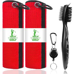ATTRACTIVE Golf Towels, Microfiber Waffle Pattern Towels - Golf Club Brush with Cleaning (2 Red Towel+Black Brush)