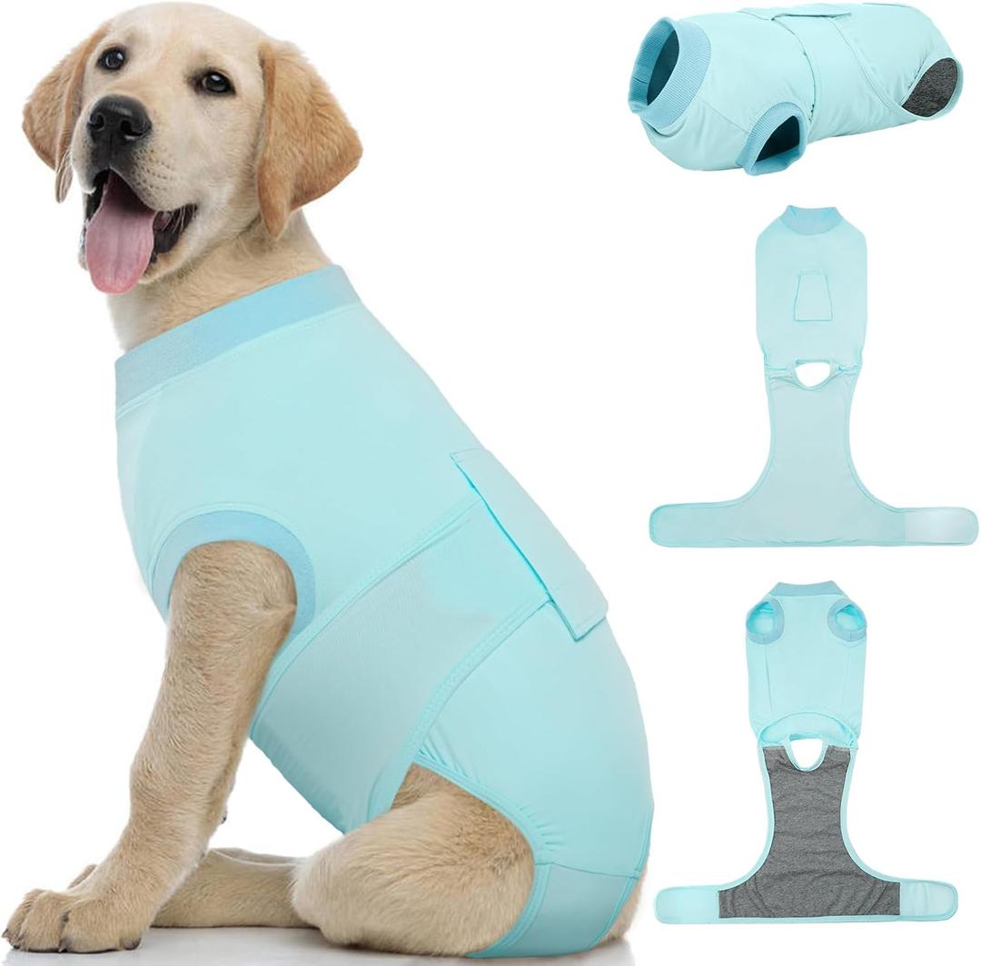 Kuoser Dog Recovery Suit for Dogs After Surgery, Soft Dog Surgical Onesie for Female Male Dogs Spay Neuter, Anti-Licking Pet Bodysuit for Abdominal Wounds, Skin Disease, E-Collar Alternative, Blue M (Medium (Back: 13.4" - 16.1"; Weight: 14 - 25LB), Z- Cooling Fabric- Blue)