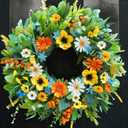 Spring Summer Wreaths for Front Door 24 Inch, Luxury Orange Blue Floral Wreath with Daisies Buttercup & Blue Butterflies, Spring Summer Wreath for Porch Home Wall Window Decor Indoor Outdoor Use