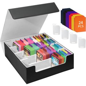 Card Deck Storage Box for Trading Cards 3000+MTG Deck Box with 24 Colorful Divider Tabs, Card Supporters PU Leather Trading Card Storage for Magic Game Cards TCG and Sport Cards (Black Gary)