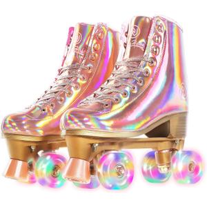 JajaHoho Roller Skates for Women, Holographic High Top PU Leather Rollerskates, Shiny Double-Row Four Wheels Quad Skates for Girls and Age 8-50 Indoor (Pink Rose Gold) (US 1) JajaHoho Roller Skates for Women, Holographic High Top PU Leather Rollerskates, Shiny Double-Row Four Wheels Quad Skates for Girls and Age 8-50 Indoor (Pink Rose Gold) (US 1)