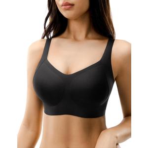 Seamless Bras for Women, Wireless Supportive Bra Comfortable No Underwire Full Coverage Push Up Bra Plus Size (Black, M)