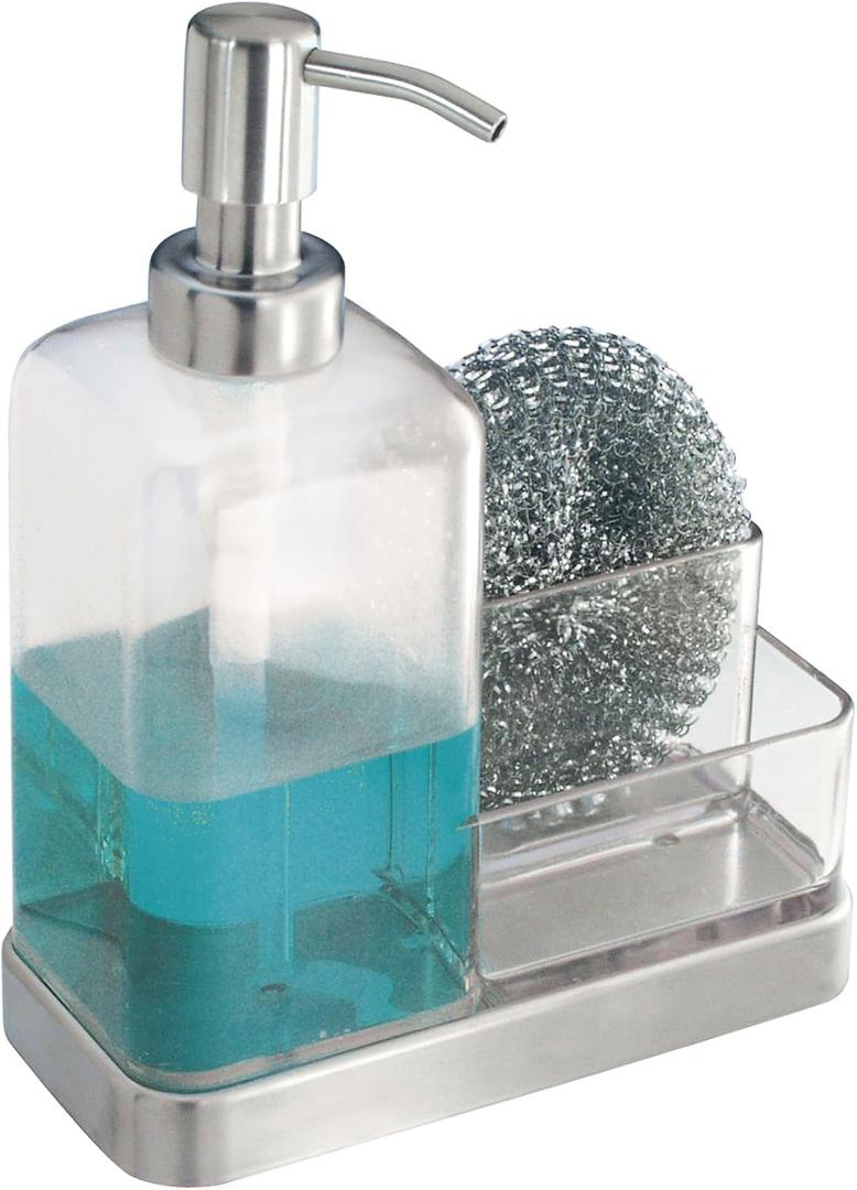 iDesign 67080 Forma Plastic Soap Pump with Caddy, Dispenser with Storage Compartment for Bathroom, Kitchen Countertops, Sinks, Set of 1, Stainless