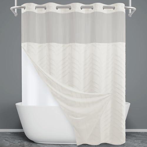 WONICY Extra Long No Hook Shower Curtain with Snap in Liner, Tufted Chevron Striped Shower Curtain Set for Bathroom, Boho Waterproof and Washable Shower Curtains, 71Wx86H, Cream