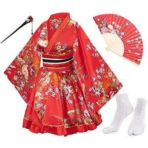 Japanese Anime Women's Dance Kimono Robe Fancy Dress Hand Held Silk Folding Fans Tabi Hair stick Socks Set L Japanese Anime Women's Dance Kimono Robe Fancy Dress Hand Held Silk Folding Fans Tabi Hair stick Socks Set L