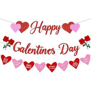 2 x Pre-Strung Happy Galentines Day with Pink Red Heart Garland for Ladies Girls Women Valentine's Day Party Celebration Home Indoor Decorations Photo Backdrop Decor Favor (Glittery Red Pink Purple Green)