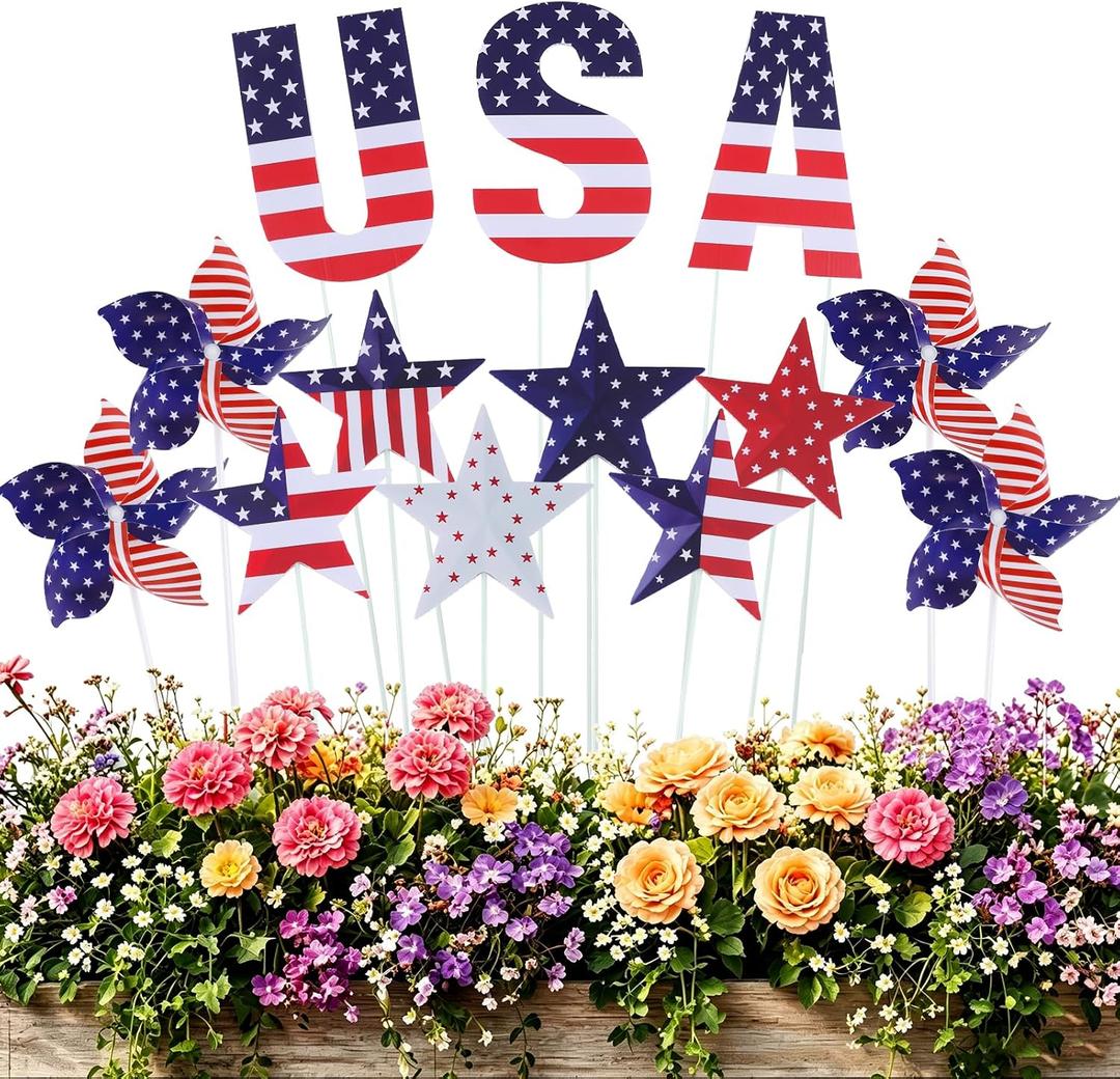 13Pcs 4th of July Outdoor Decoration Garden Stakes, 250th Patriotic Plastic USA Shape Yard Signs, Red White Blue Star Planter Stakes Pinwheels for Independence Day Memorial Day Anniversary, 5.2 W x 17.7 H