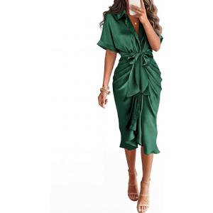 BTFBM Dresses for Women Summer Button Short Sleeve Silk Satin Ruched Spring Maxi Dress 2026 Cocktail Party Wedding S