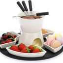 BSTKEY 300ML Ceramic Butter Warmer Set with Wooden Pallet, Fondue Pot Melting Pot Set, Melt Hot Pot Bowl Set For Cheese Chocolate Butter Caramel, with 4 Forks and 4 Dishes