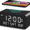Wooden Digital Alarm Clock with Wireless Charging, 0-100% Adjustable Brightness Dimmer and Alarm Volume, Weekday/Weekend Mode, Dual Alarm, Snooze, 12/24H, Wood LED Clock for Bedroom