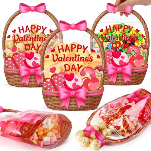 Fuutreo 6 Pcs Valentine's Day Gift Bags Heart Basket Treat Bags with Handles Reusable Plastic Favor Pouches for Holiday Candy Wrapping, Party Goodie Supplies, and Romantic Gift Decor(Pink Heart)