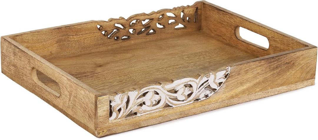 Coffee Table Tray (Natural Finish) - Flourish - Wood Serving Tray w/Handles for Breakfast in Bed - Mango Wood Decorative Tray w/Felt Pads - Medium Wood Tray - 16 x 12 x 2.5