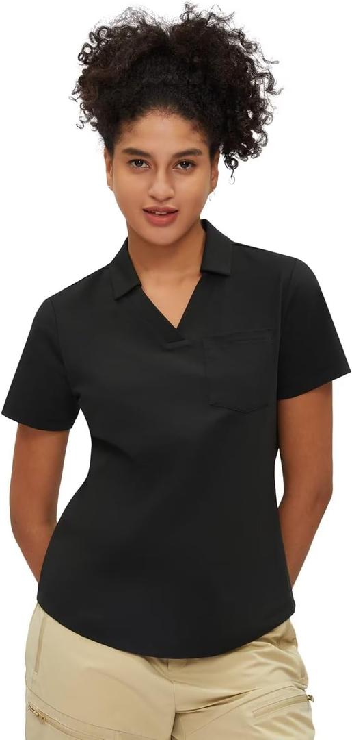 Women's Polo Shirt Quick Dry 4 Button Moisture Casual Work Short Sleeve Collared Golf Shirt-Wicking Performance (Black, M)