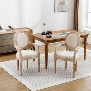 GDFStudio French Solid Wood Dining Armchairs Set of 2, Beige Upholstered Linen Seats with Carved Arms, Rubberwood Legs, Vintage Country Inspired Chairs for Dining Room or Kitchen