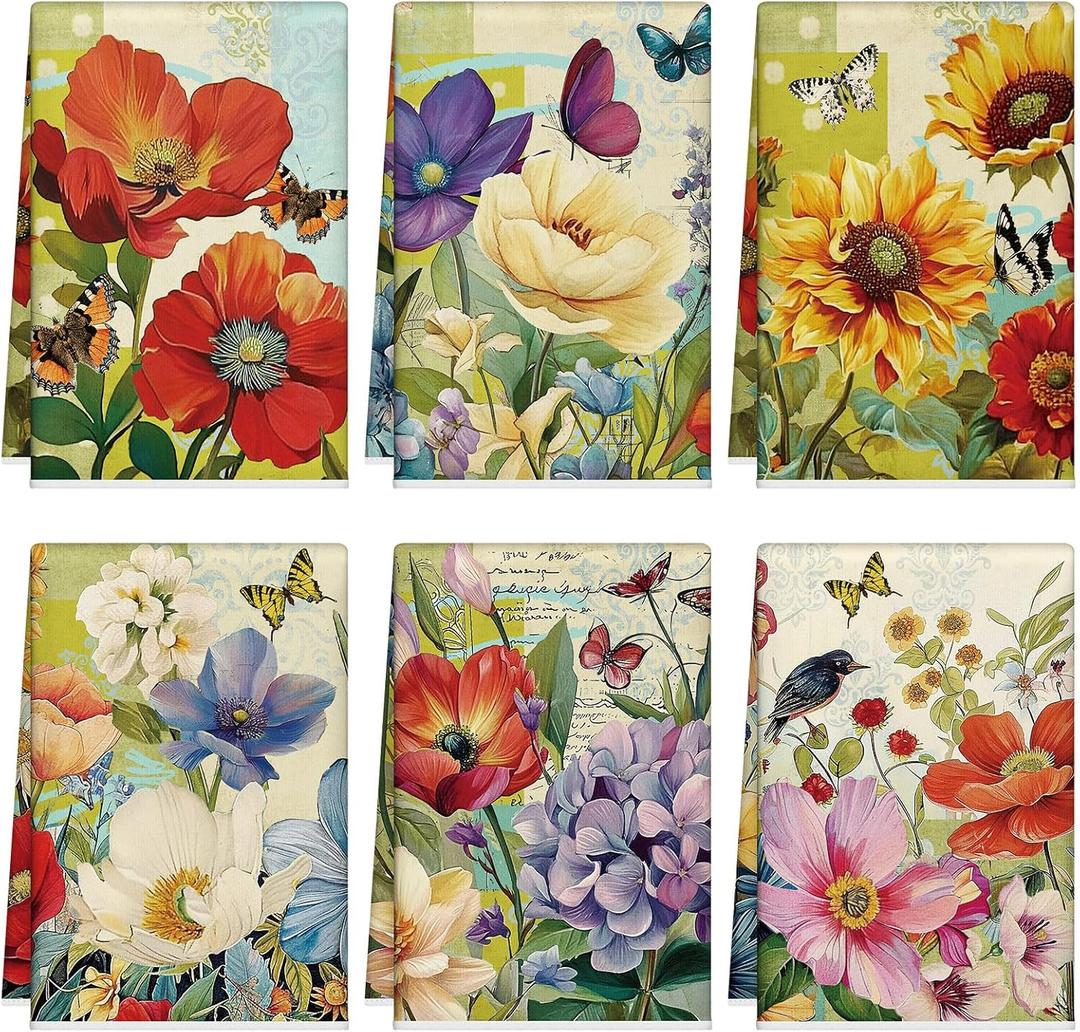Tudomro 6 Pcs Oil Painting Flowers Kitchen Towels Spring and Summer Flowers Dish Towels Absorbent Soft Kitchen Fingertip Towels Colorful Flower Butterfly Towel Set 21x14 in for Holiday Seasonal Decor (Floral)