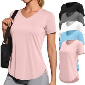Locoowai 5 Pack Women's Workout Shirts V Neck Quick Dry Tops UPF 50+ Short Sleeve UV Gym Basic Tee Side Slits Curved Hem