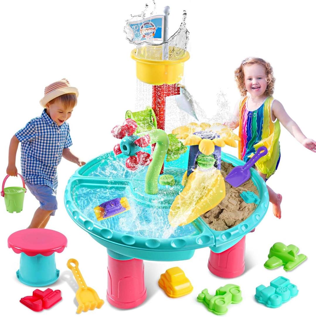 VATOS Water Table for Toddlers, 3 in 1 Kids Outdoor Water Play Table Rain Showers Splash Pond Toys, 31PCS Sensory Activity Sand Table, Outside Backyard Summer Beach Toys for Boys Girls Age 3 4 5 6