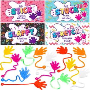JOYIN 28 Packs Valentines Day Sticky Hands with Card Headers for Kids Party Favor, Classroom Exchange Prizes, Valentines Day Greeting Cards, Party Favors and Exchange Gifts