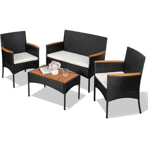 Shintenchi 4-Piece Patio Furniture Set, Outdoor Wicker Patio Conversation Furniture Set with Cushions and Wooden Tabletop for Paito Lawn Backyard Pool Garden, Black Rattan