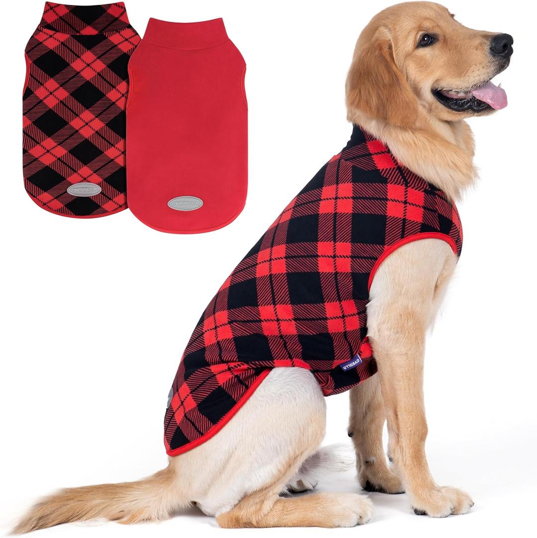 cyeollo 2 Pack Large Dog Sweater, Fleece Vest Pullover Sweatshirt Reflective Lightweight Christmas Pet Clothes for Large Dogs Dog Winter Coat Boy & Girl Pet Apparel, Red & Buffalo Plaid XXXL