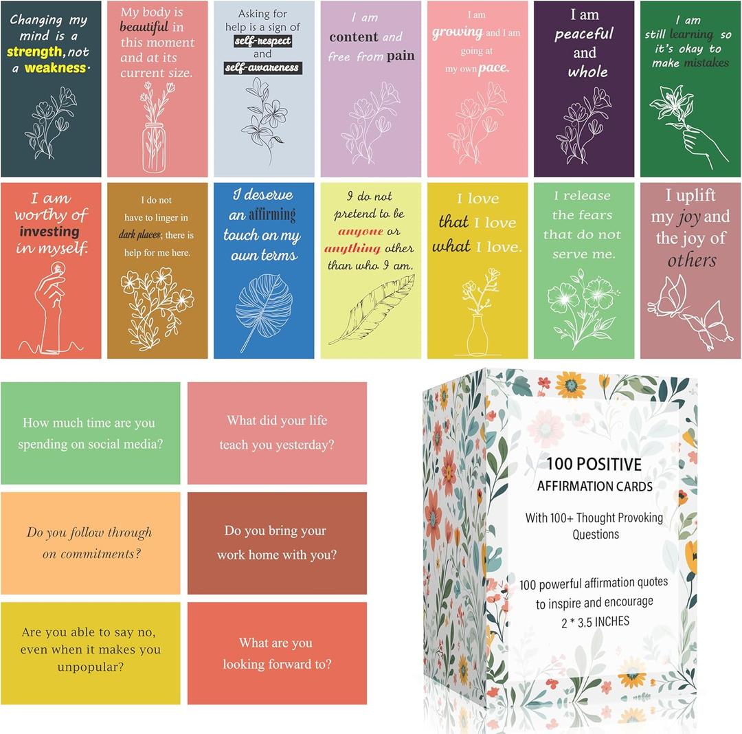 100 Positive Affirmations Cards for Women With Thought Provoking Questions on the Back, Inspirational Daily Affirmation Card for Women Self Care and Meditation, Unique Motivational Gift