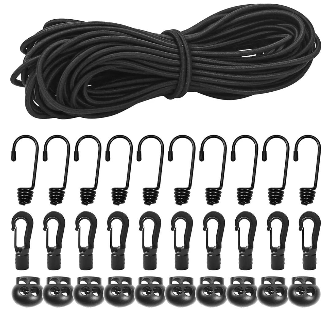 1/8" Bungee Shock Cords with Hooks,65 Feet Elastic Nylon Cords Kayak Stretch String Rope for Bikes, Tie Downs, Boating, Camping, Sunshades, Fitness and Outdoor Enthusiasts (3/16 inch x 65 feet, Black)